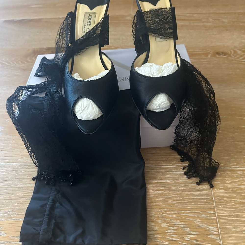 Jimmy Choo Black Satin Heel Sandals.Ankle wrap lace w/embellishment. Size 39